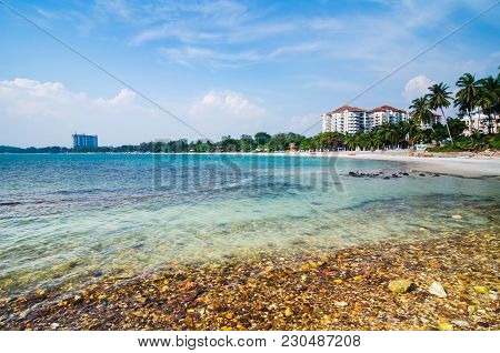 Beautiful Port Dickson Seascape Scenery Located At Malaysia, Stone And Turquoise Sea Water Under Clo