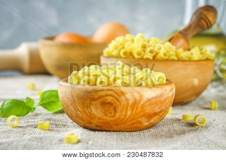 Ditalini Macaroni. Pasta Rings. Tubettini And Thimbles Anellini