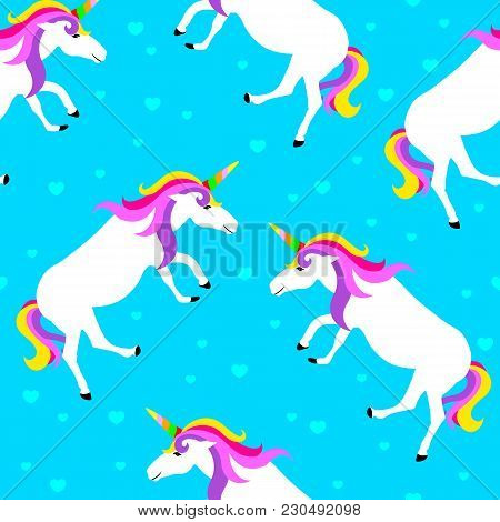 Cute Magic Unicorn Seamless Pattern. Cartoon Fantasy Animal. Vector Illustration Isolated On Blue Ba