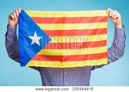 Man With Pro-independence Flag. Referendum For The Separation Of Catalonia From Spain Concept.