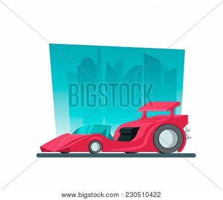Image In A Flat Style With A City Car On A Background Of Skyscrapers