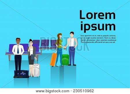 People Trevelers With Luggage Waiting For Departure In Airport Template Background With Copy Space F