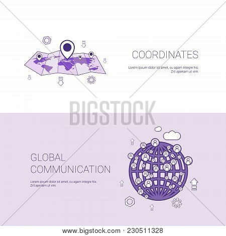 Gps Coordinates Map And Gobal Communication Template Web Banner With Copy Space Vector Illustration