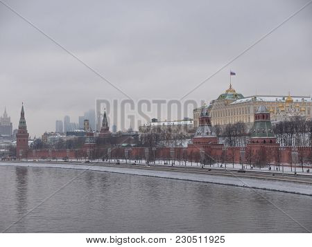 Moscow Russian Federation. The Moscow Kremlin In Moving Along The Wall.