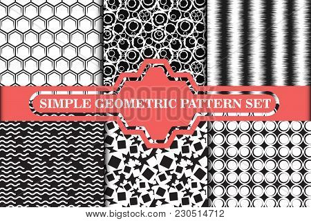 Minimalist, Simple Geometric Seamless Pattern Collection. Retro And Modern Style Design Monochrome B