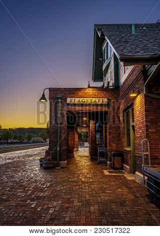 Flagstaff, Arizona, Usa - May 16, 2016 : Historic Train Station In Flagstaff At Sunset. It Is Locate