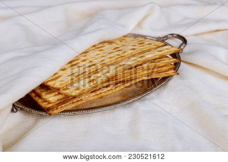 Pesach Passover Symbols Of Great Jewish Holiday. Traditional Matzoh, Matzah Or Matzo. Retro Style