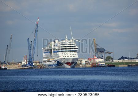 Vvelsen, The Netherlands -april 19th, 2017:   Aida Sol In Ijmuiden Sea Lock, The Largest Sea Lock In