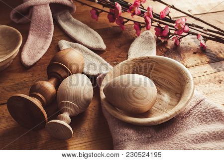 Wooden Eggs, Rabbit Ears Easter Symbol, Decorative Eggs Close-up, Card Template, Easter Greetings, R