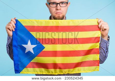 Man With Pro-independence Flag. Referendum For The Separation Of Catalonia From Spain Concept.