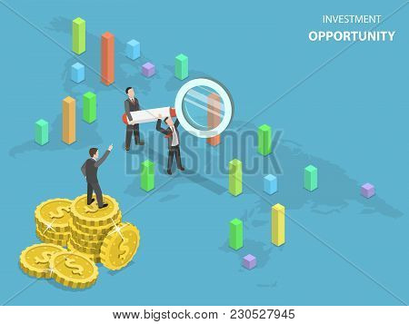Investment Opportunity Flat Isometric Vector Concept. Business Men Using Magnifying Glass Are Search