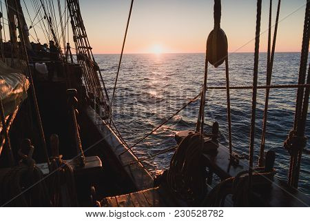 Seascape From The Side Of An Old Wooden Sailboat