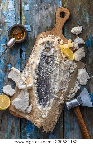 Fish Baked In Salt With Lemon And Oil, Deadpan Style, Rustic, Top View
