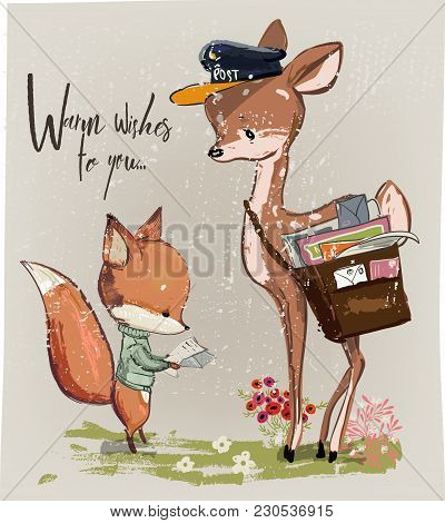 Cute Fawn And Fox With Letter. Vector Illustration