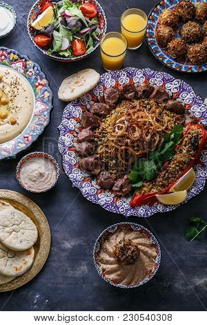 Middle Eastern Or Arabic Dishes And Assorted Dishes, Top View.