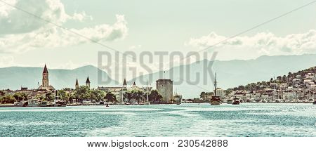 Panoramic Photo Of The Old Town Trogir And Ciovo Island With Harbor. Summer Vacation. Travel Destina