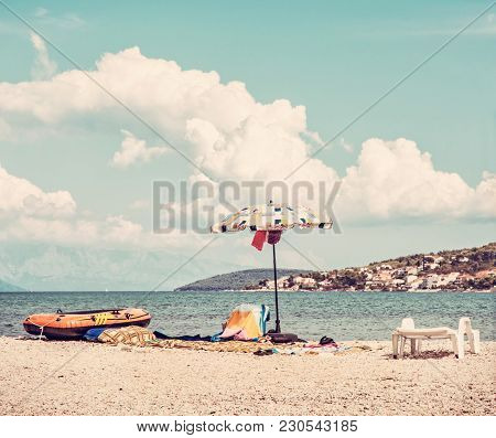 View From The Pantan Beach In Trogir To The Ciovo Island, Croatia. Summer Vacation. Destination Scen