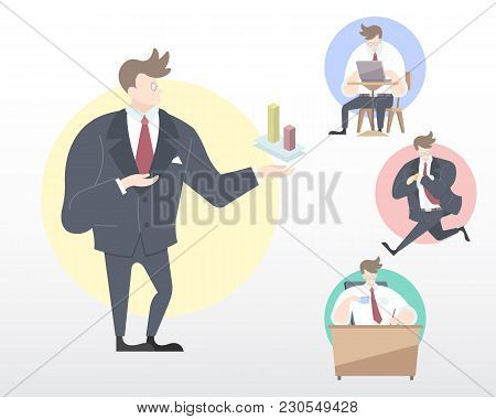 Set Of A Business Man In Many Movement Illustration [present, Working, Transporting, Relax] In Flat 