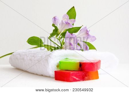 Bathroom Accessories, Luff,  Alstroemeria Flower, Handmade Soap And White Towel