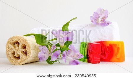 Bathroom Accessories, Luff,  Alstroemeria Flower, Handmade Soap And White Towel