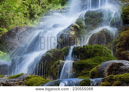 Beautiful Artificial Waterfalls, Lush Green Mossy Stones. (izvorul Minunilor) Romania, Stana De Vale