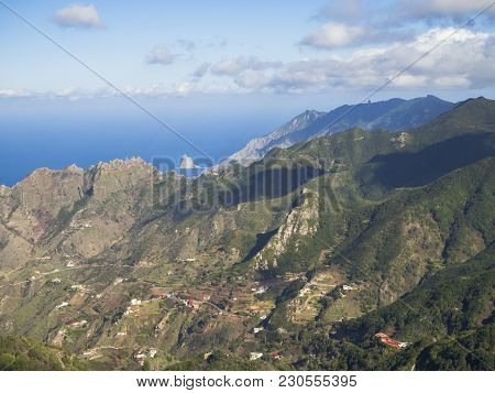 View Point Amogoje, Green Hills With Rock In The Sea El Draguillo In Anaga Mountain, Tenerife  Canar