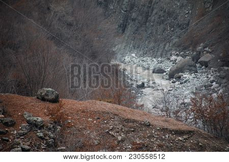 Panorama Of The Foggy Winter Landscape In The Mountains With Snow And Rocks, Azerbaijan, Lahic, Big