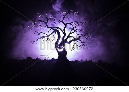 Silhouette Of Scary Halloween Tree With Horror Face On Dark Foggy Toned Background With Moon On Back
