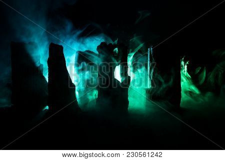 Apocalyptic Ruins Of The City. Disaster Effect. Night Scene. City Destroyed By War.