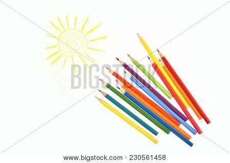Сolour Pencils And The Draw Sun; Isolated