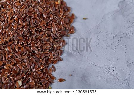 Top View Close-up Picture Of Separate Flax Seed On Light Textured Background, Macro, Selective Focus