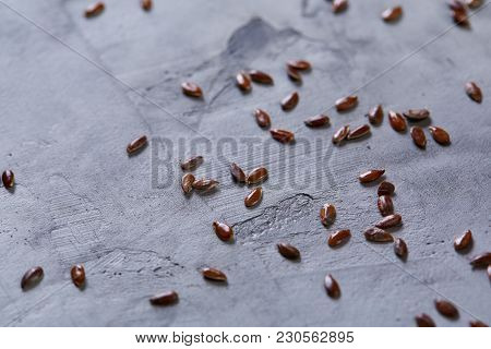 Top View Close-up Picture Of Separate Flax Seed On Light Textured Background, Macro, Selective Focus