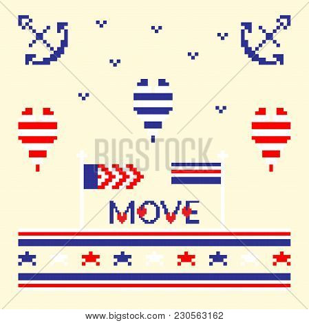 Modern Abstract Set Pixel Art Icons, Isolated Background. Summer, Holiday, Vacation Poster In Blue, 