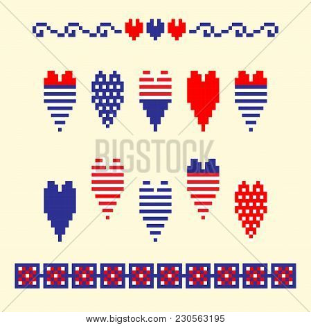 Modern Abstract Set Pixel Art Icons, Isolated Background. Summer, Holiday, Vacation Poster In Blue, 