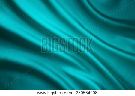 Fabric Waving Silk Background, Teal Satin Cloth Crumpled In Wave Shape