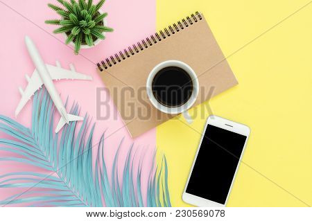 Flat Lay Design Of Travel Summer Concept - Top View Of White Paper Notebook, Pen, Mock Up Smartphone