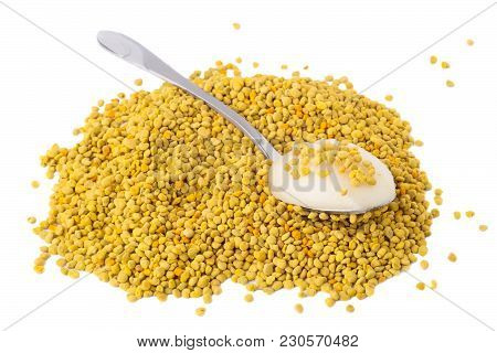 Flower Pollen With Honey Is Isolated On A White Background. Natural Remedy For Immunity Enhancement.