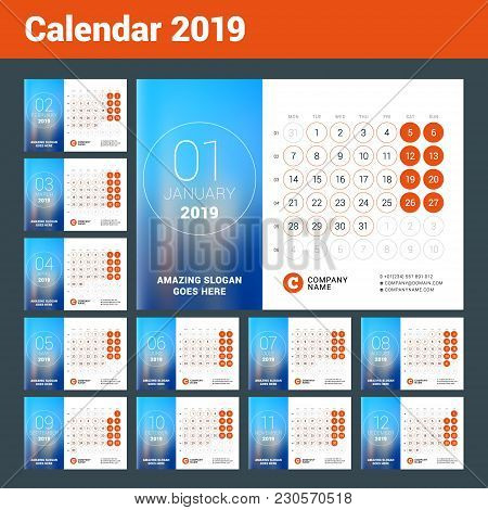 Esk Calendar For 2019 Year. Set Of 12 Pages. Vector Design Print Template With Place For Photo. Week