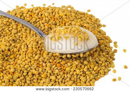 Flower Pollen With Honey Is Isolated On A White Background. Natural Remedy For Immunity Enhancement.