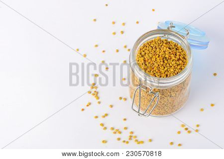 Flower Pollen In A Glass Jar. Natural Remedy For Immunity Enhancement. Beekeeping Products. Apithera