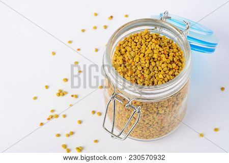 Flower Pollen In A Glass Jar. Natural Remedy For Immunity Enhancement. Beekeeping Products. Apithera