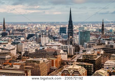 View Of The Central Part Of Hamburg And The Church Of St. Nicholas From The Bell Tower Of The Main C