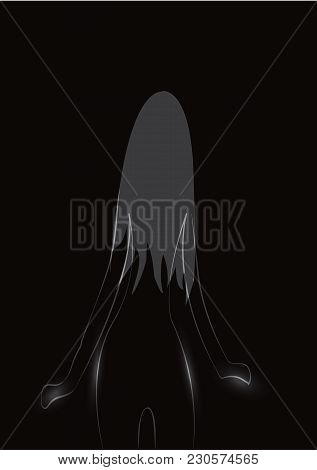 A Thin, Frail Little Tender Girl With A Beautiful Slender Figure Turned With Her Back With Long Hair