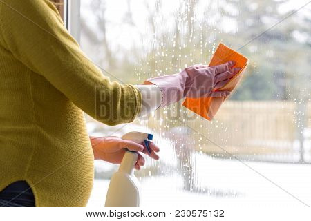 Pregnant Woman Cleaning Window With Cloth And Window Spray. Sping Cleaning Concept