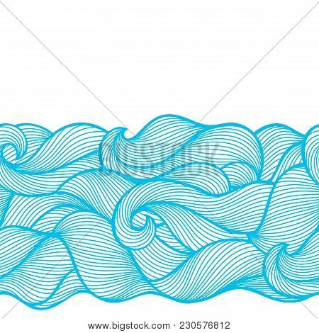 Wavy Curled Seamless Pattern. Abstract Outline Blue Texture.