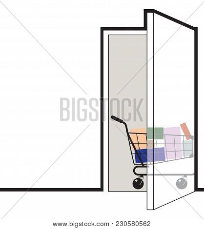An Open Door With A Shopping Cart. Vector Illustration.