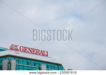Belgrade, Serbia - March 2, 2018: Generali Insurance Logo On Their Main Office For Serbia. Assicuraz