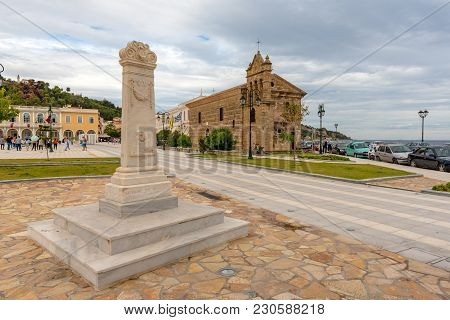 Zakynthos, Greece - September 29, 2017: Solomos Square On The Island Of Zakynthos With Ancient Churc