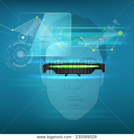 Vector Optical Head-mounted Display Or Virtual Reality Glasses On Line Art Human Head With Futuristi
