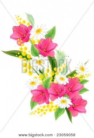 Große Reihe von Frühlingsblumen mit Tulpen und Margeriten